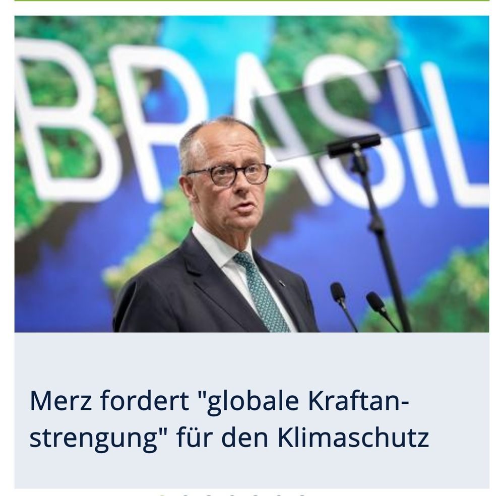 Friedrich Merz vor einem Bild mit der Aufschrift "BRASIL" 

Darunter Text:

Merz fordert "globale Kraftanstrengung" für den Klimaschutz 