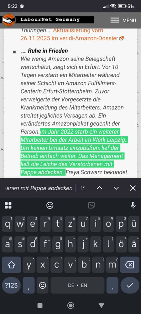 Im Jahr 2022 starb ein weiterer Mitarbeiter bei der Arbeit im Werk Leipzig. Um keinen Umsatz einzubüßen, lief der Betrieb einfach weiter. Das Management ließ die Leiche des Verstorbenen mit Pappe abdecken.