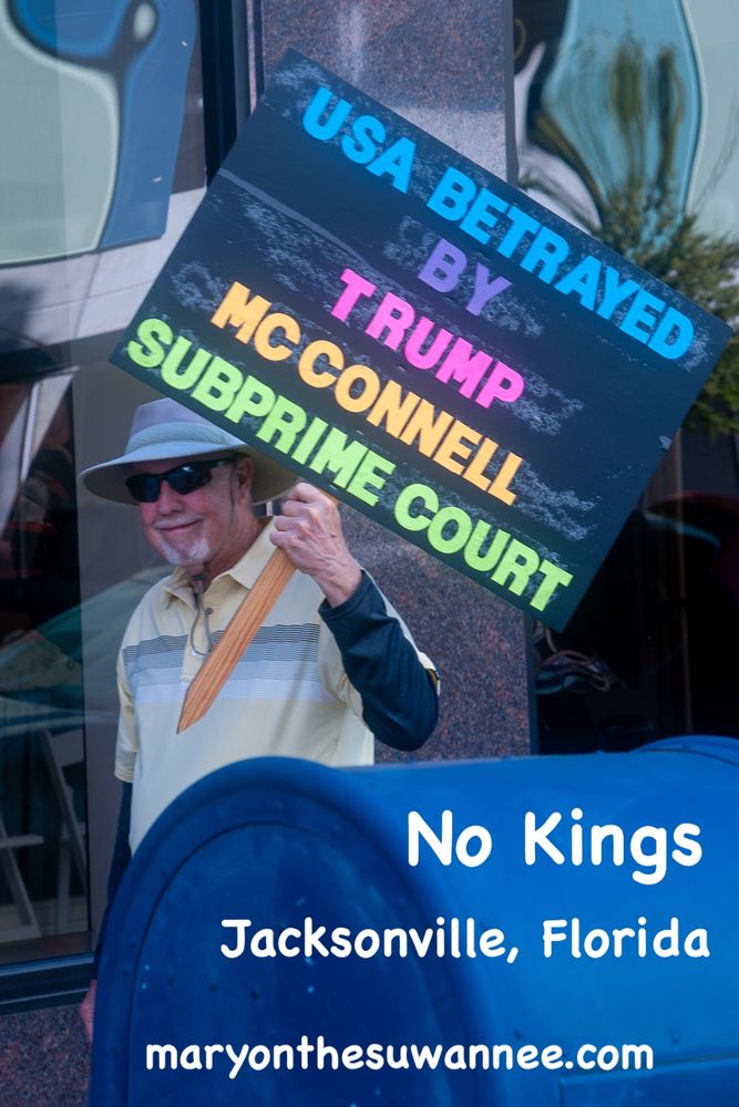 Man holding a sign for No Kings Protest  - "USA Betrayed by Trump, McConnell, Subprime Court"  - Jacksonville Florida 2025