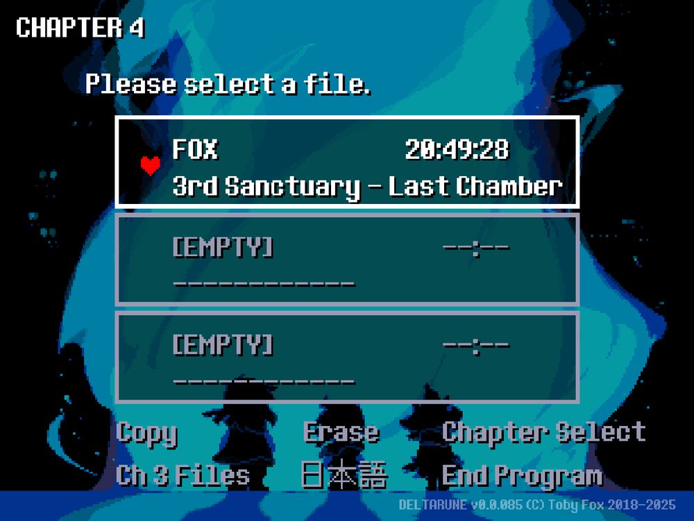 Menu of Deltarune, Chapter 4. With the username of Fox, in the 3rd Sanctuary - Last Chamber (final part of the chapter 4 before getting the ending). 20:49:28. Twenty hours, almost twenty-one. Only one slot has been used.