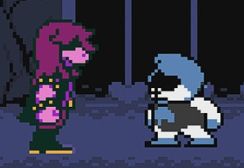 Susie and Lancer (from Deltarune Chapter 1, by Toby Fox), standing, while Lancer's face looks sad.