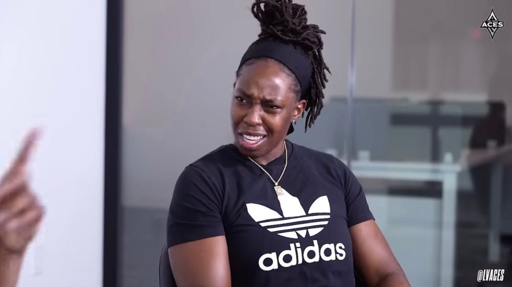 Chelsea Gray a WNBA player for the Las Vegas Aces liking in disgust at someone. 