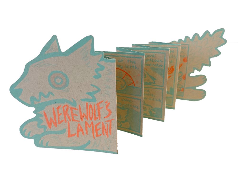 A photograph of a comic titled Werewolf's Lament that has been cut and accordion folded into the shape of a wolf. It is made with fluorescent orange and mint riso inks on speckled light brown paper