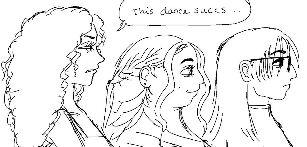 slightly more realistic bust doodle of stephanie, catherine, and emira all facing to the right.  Stephanie is complaining: This place sucks...