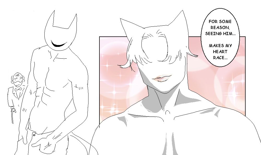 Two doodles of the cat, but SEXY...

doodle 1: poorly traced drawing of a shirtless male model, with the CAT'S head on him instead of a normal human head.  Dr. Bohring stands behind him, deeply uncomfortable.

doodle 2: a drawing of the cat, but styled to look like the male protagonist of a bad romance webtoon manhwa, plush lips and muscles and all.  A dialogue bubble (presumably from the breathtaken main character) says, "For some reason, seeing him... Makes my heart race..."