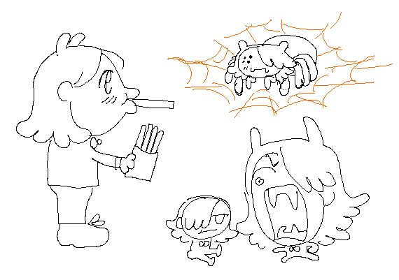 various doodles of the demon. includes a really badly proportioned and ugly doodle of him eating fries, one of him yelling at mordred (head is huge here), and one of him as an adorable spider.
