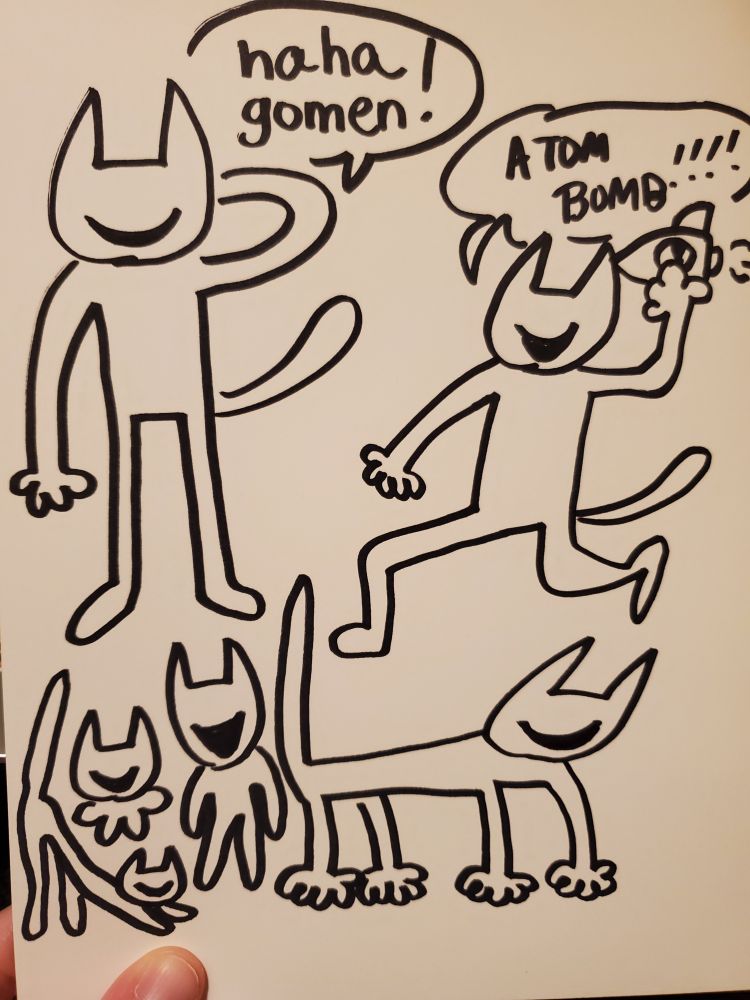 Various doodles of the CAT.  Includes him striking the "ha ha gomen" pose, and him throwing an atom bomb like a ball.