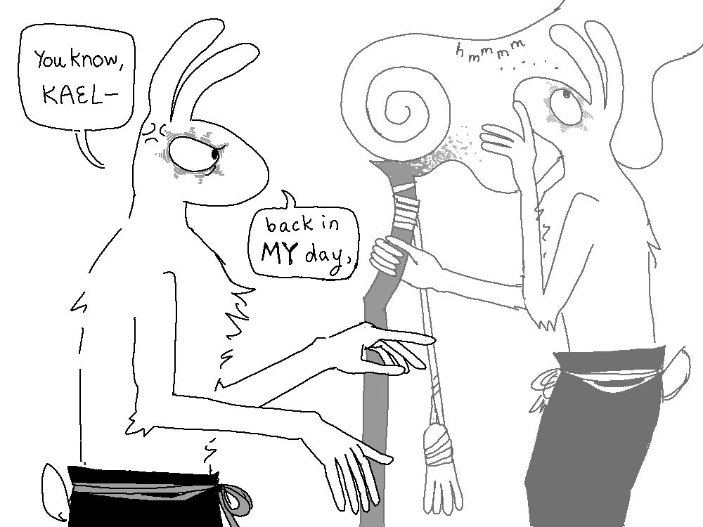 Some doodles of an anthropomorphic hare named RABADEER. In one, he is holding a magical staff, and in another, he points accusingly and goes, "You know, KAEL - back in MY day,"

Despite his human-like hands and arm proportions, he notably is articulating them as a rabbit would, rather than having the full range of motion of a human being.