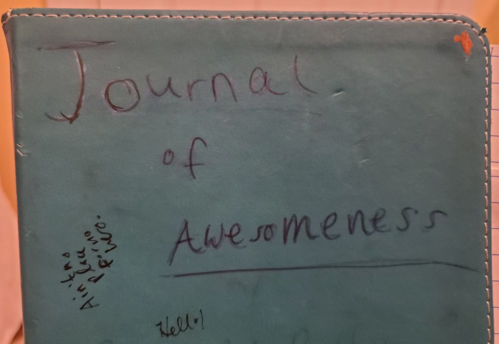 Part of a journal cover.  Written on it is the beautiful title "Journal of Awesomeness"