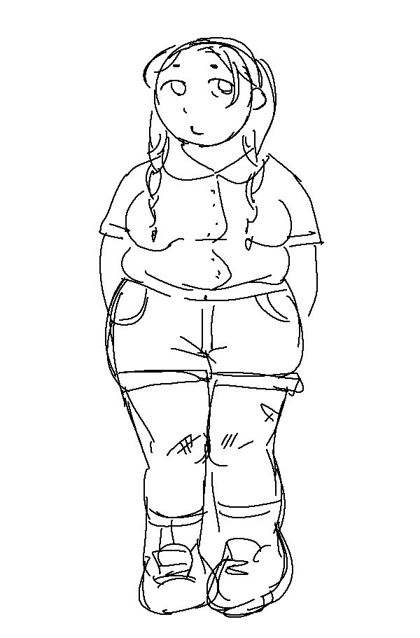 doodle of an older lillie. she's a fat white woman wearing shorts and a button-down t-shirt. she also has twin braids.