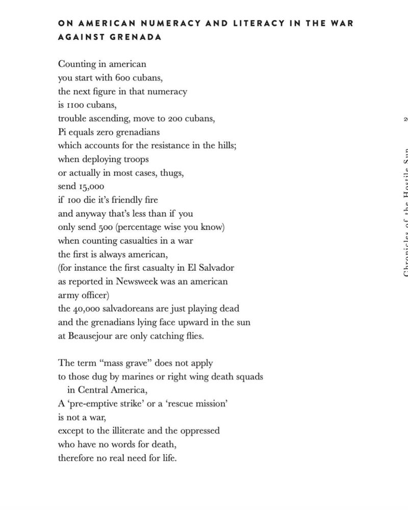 Poem "On American numeracy and literacy in the war against Grenada" by Dionne Brand