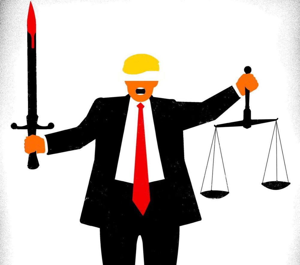 An anti-Trump illustration by Edel Rodriguez, a Cuban American artist, illustrator, and author. Trump is depicted blindfolded, enraged, holing the scales of justice in one hand and a bloody sword in the other. 