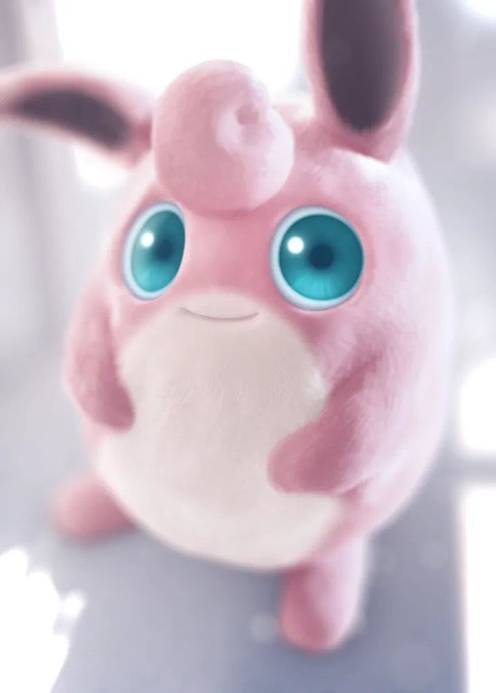 that wigglytuff shining revelry card image, seemingly 3d rendered, staring at you