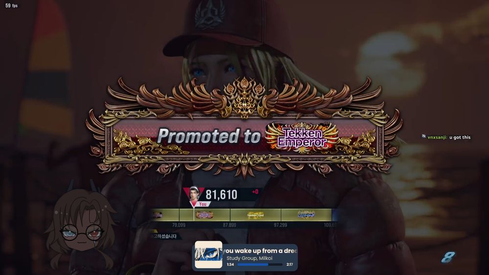 end match screen of tekken, showing the promotion to the rank of tekken emperor