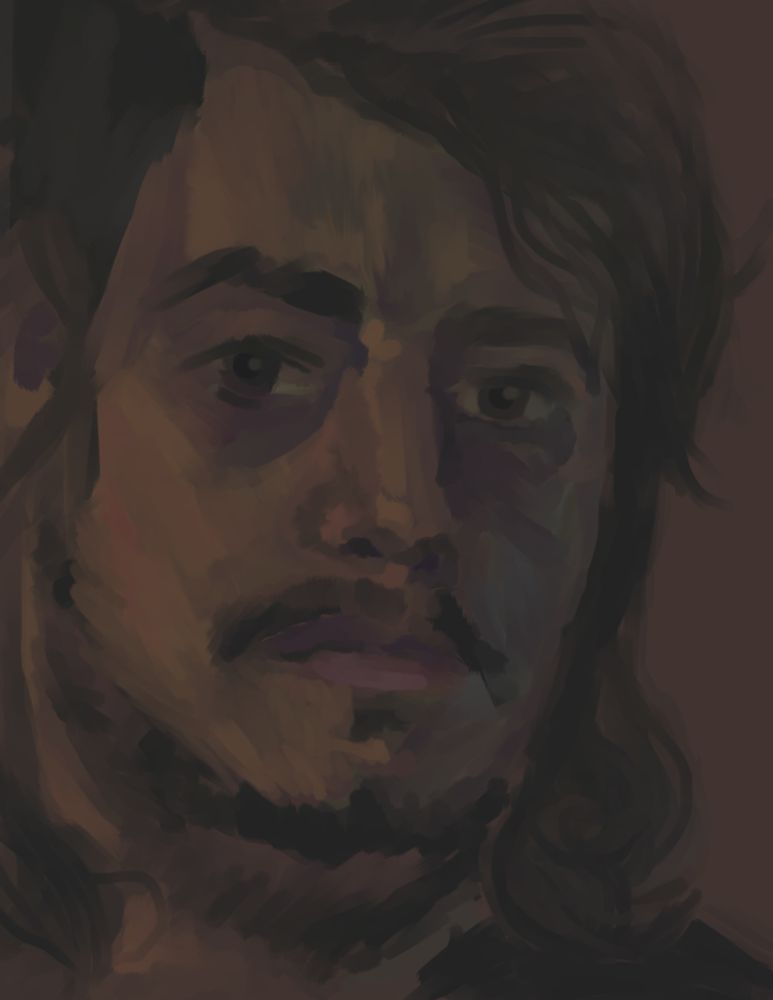 A digital self-portrait of the artist looking at the viewer on top of a brown background. The skin, hair, and shirt are rendered with various shades of beige, pink, green, and blue.