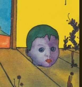 recorte da capa do disco lar de maravilhas, do casa das máquinas, mostrando um desenho de uma cabeça de bebê roxa, com o cabelo verde