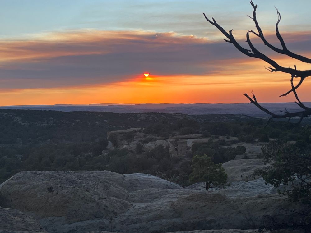 Smokey sunset desert landscape with cliffs, piñon, and brush.  