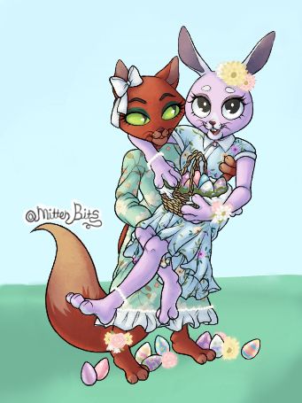 A Collaborative work of art for Yume 2kki X YNO Magma art session Easter 2024. It depicts two cartoon characters, Kitty and Bunny, from Courage the Cowardly dog. 

They are standing in a green field with a nice clear light blue sky on the horizon. They are wearing their Easter Sunday dresses. Kitty is holding Bunny up bridal style, while Bunny is holding a Easter basket full of colorful Easter eggs in her lap. 

There are glowing flowers and Easters eggs here and there, Kitty is looking at Bunny with a relaxed face while Bunny is looking at the viewer with a happy expression on her face. 

My username "MittenBits" is written in cursive and is above Kitty's tail.