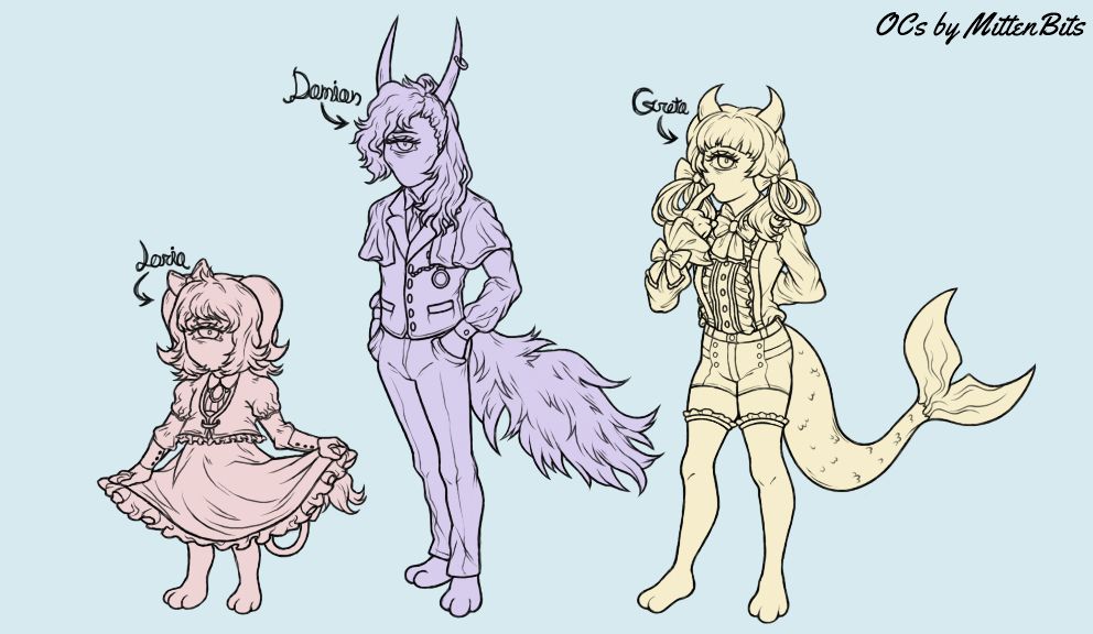 Three characters standing and posing. From left to right: Loria the small child, Damien the purple one in the middle and lastly Greta the yellow one. They are humanoid creatures wearing fancy clothing, They also have horns and tails of various different shapes and have only singular eyes on their faces.
