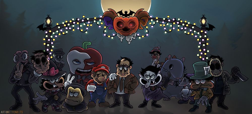 Halloween Poster of the PizzaTower Crew in their Halloween costumes, While at a Halloween themed party! Much brighter looking now to see more details of it!
