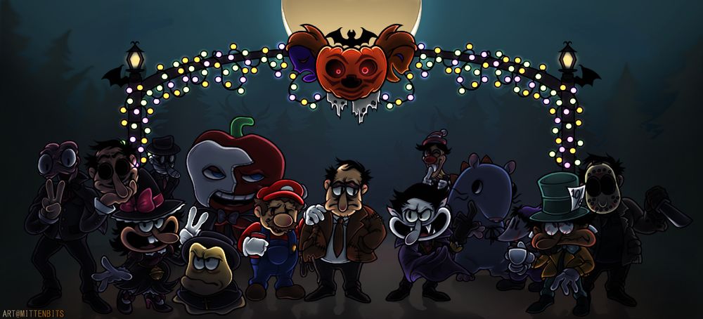 Halloween Poster of the PizzaTower Crew in their Halloween costumes, While at a Halloween themed party! 