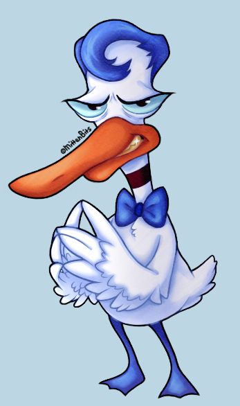 A gift for my online friend who has started watching Courage the Cowardly dog recently. The character in question is Le Quack, He is holding his wings together while he has a sinister expression on his face. My username "MittenBits" is above Le Quack's beak.