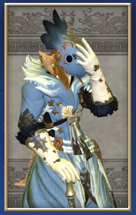 A portrait of the same male Au Ra as in the previous image. The pose is the exact same, but only the upper body is shown. Yellow light shines from the right side. Similar to an evening sun. 

The backdrop is grey, with Eastern style decorations showing snake-like dragons spanning the top and bottom. The portrait’s edge has a pale golden colour. 