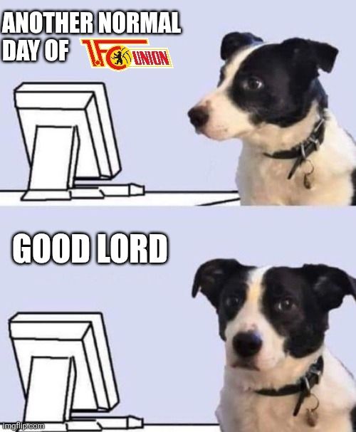 The lovely day in the internet dog meme. 

The top line says 'another normal day of 1. FC Union' while the dog looks at a computer screen 

The bottom line says 'good lord' as the dog looks surprised 