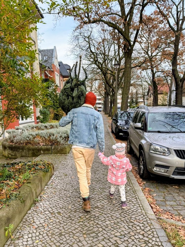 An adult and child walking down the street, holding hands and carrying a Christmas tree 