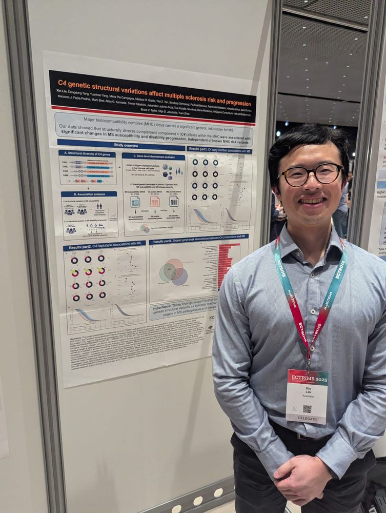 Dr Xin Lin of the MS Research Flagship at Menzies Institute for Medical Research in Tasmania, Australia standing next to his poster for his research abstract at the 2025 ECTRIMS Congress in Barcelona, Spain.