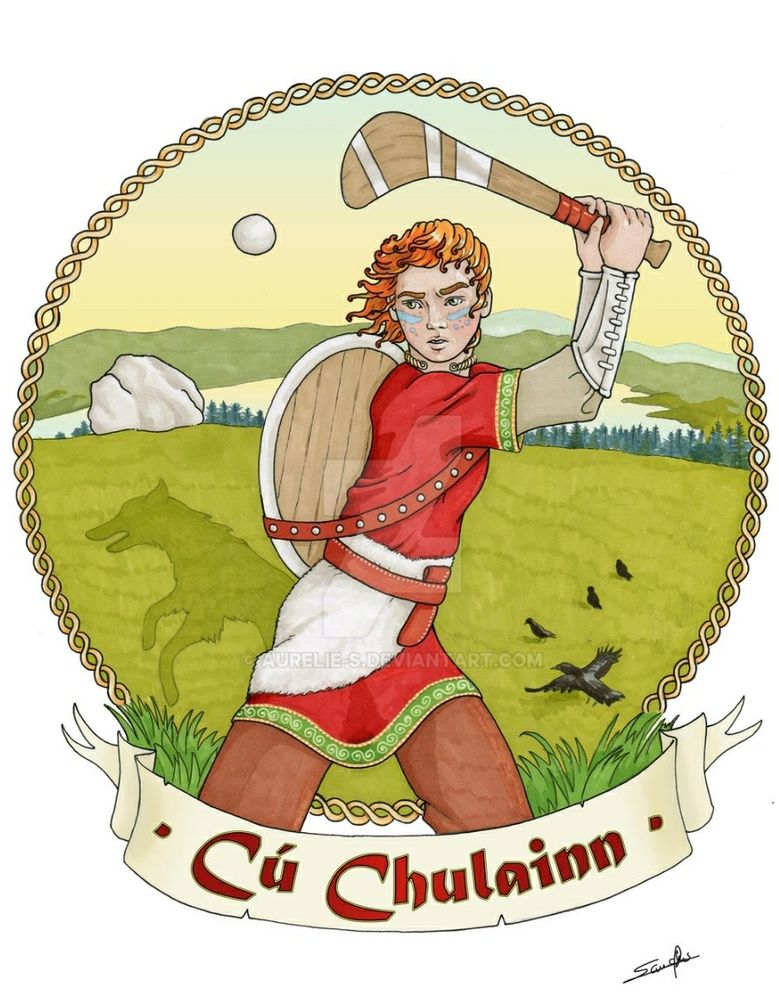 Depicts A circle made up of intertwining gold threads, inside to the fore is a young red headed Cú chulainn in a red and white tunic, shield on his back, striking a sliotar with a hurley. Background depicts a landscape consisting of a green field, rock, lake, mountains and trees. There are four crows/ravens in the bottom right, one nearer and larger than the others, wings outspread. There is a shadow of a hound in the bottom left. Underneath the gold circle is a scroll banner with the words Cú chulainn emblazoned on it. There are tuffs of green grass to the top corners of this banner, either side of Cú chulainns thighs. Signature of the artist is below all of this in bottom right.