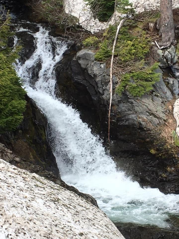 A photo of meandering water through a grassy, rocky crevice, ending in a short waterfall into a pool of water