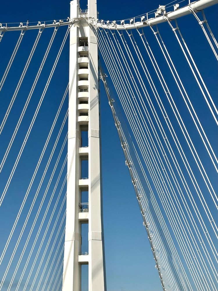 Photo looking through the white cables at the blue sky. Cables are sweeping up to one of the large, rectangle bridge posts.
