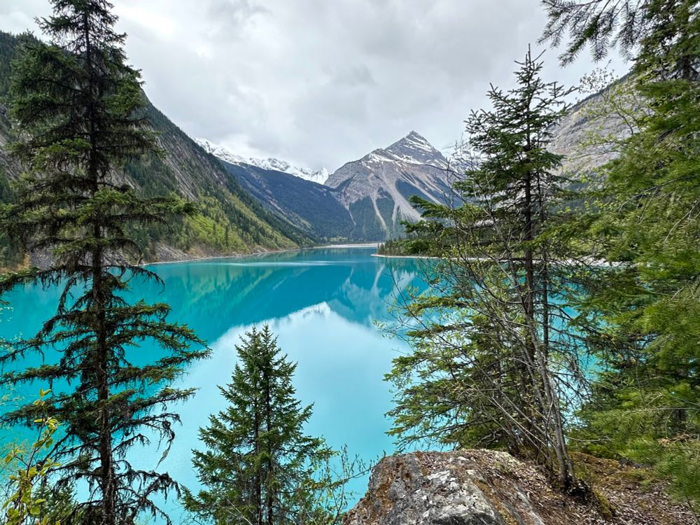 Photo from shore looking through pine trees at a of a very turquoise blue lake with mountains in the distance reflected in lake.
