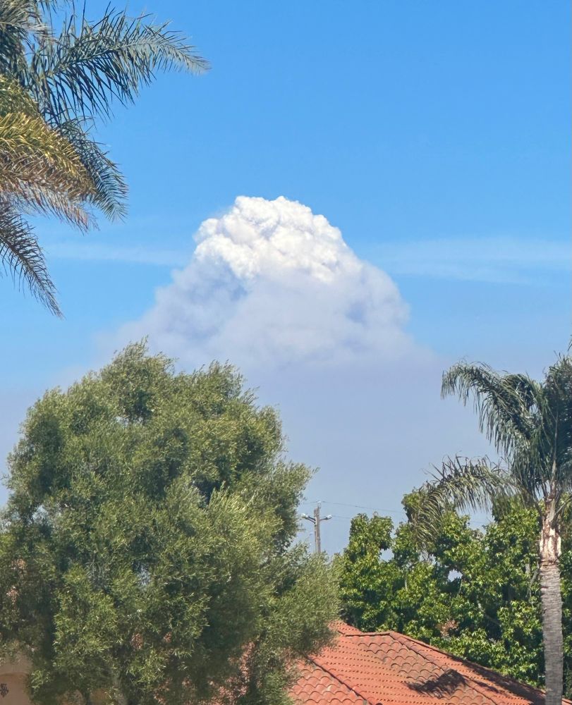 Photo of a cloud of smoke in the shape of a large mountain. Greenery and a red roof top frame the photo.