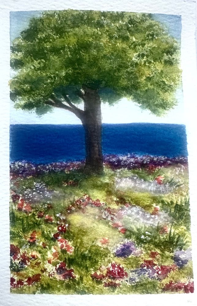 Watercolor of a single, full green leaved tree, standing in an assortment of colorful wildflowers. Solid blue ocean as a backdrop