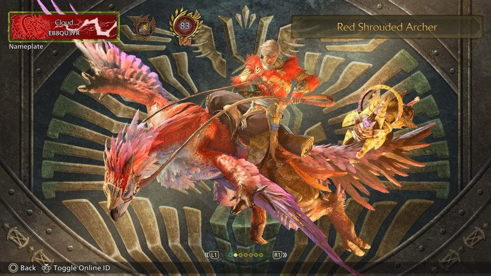 My Monster Hunter character id card for Cloud. Him doing a pose flying in on his seikret with the plate “Red Shrouded Archer in the upper right.
Hunter id EB8QU37R