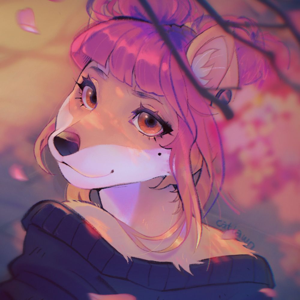 A digital art portrait of an anthro red shiba inu. Pink gradient hair is styled in space buns. The spring setting includes bokeh sakura blooms and petals.