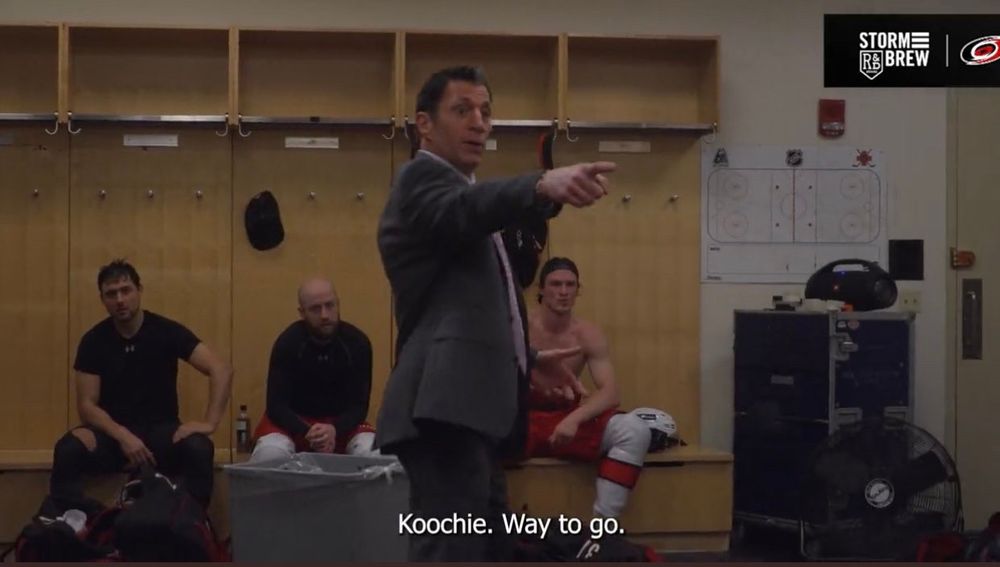 Rod brind'amor, coach of the hurricans pointing and saying, "koochie. Way to go"
