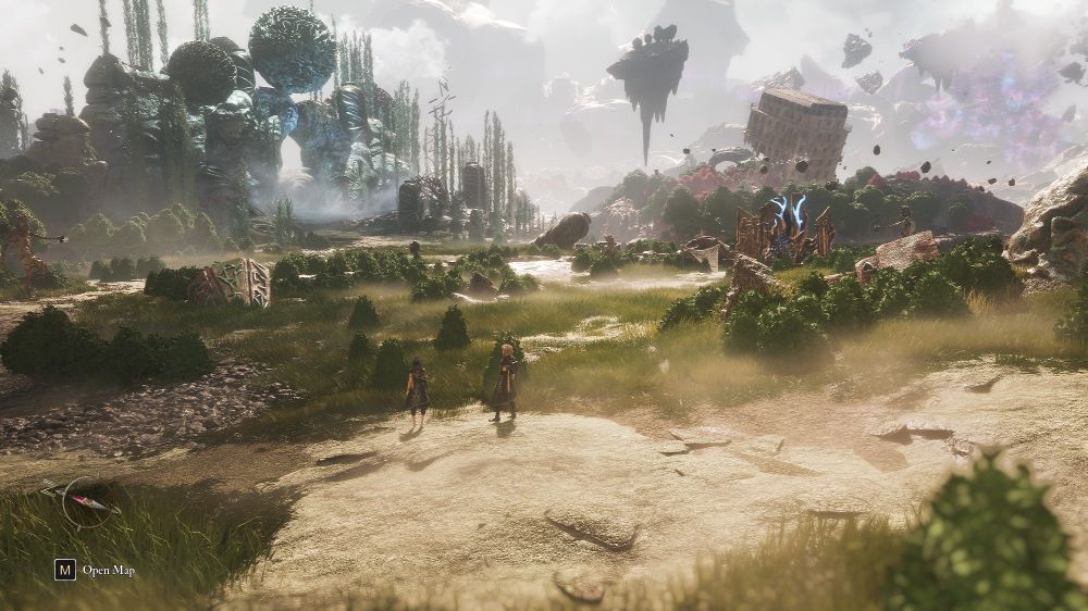 An image from Clair Obscur: Expedition 33 showing two characters seemingly in miniature form as they're stood in the games "world map" which adds a Tilt Shift effect to the game giving it a unique feel to the rest of the game as the camera is also zoomed way out from the characters to allow you to see more of the world as you traverse it to find the next area to visit.