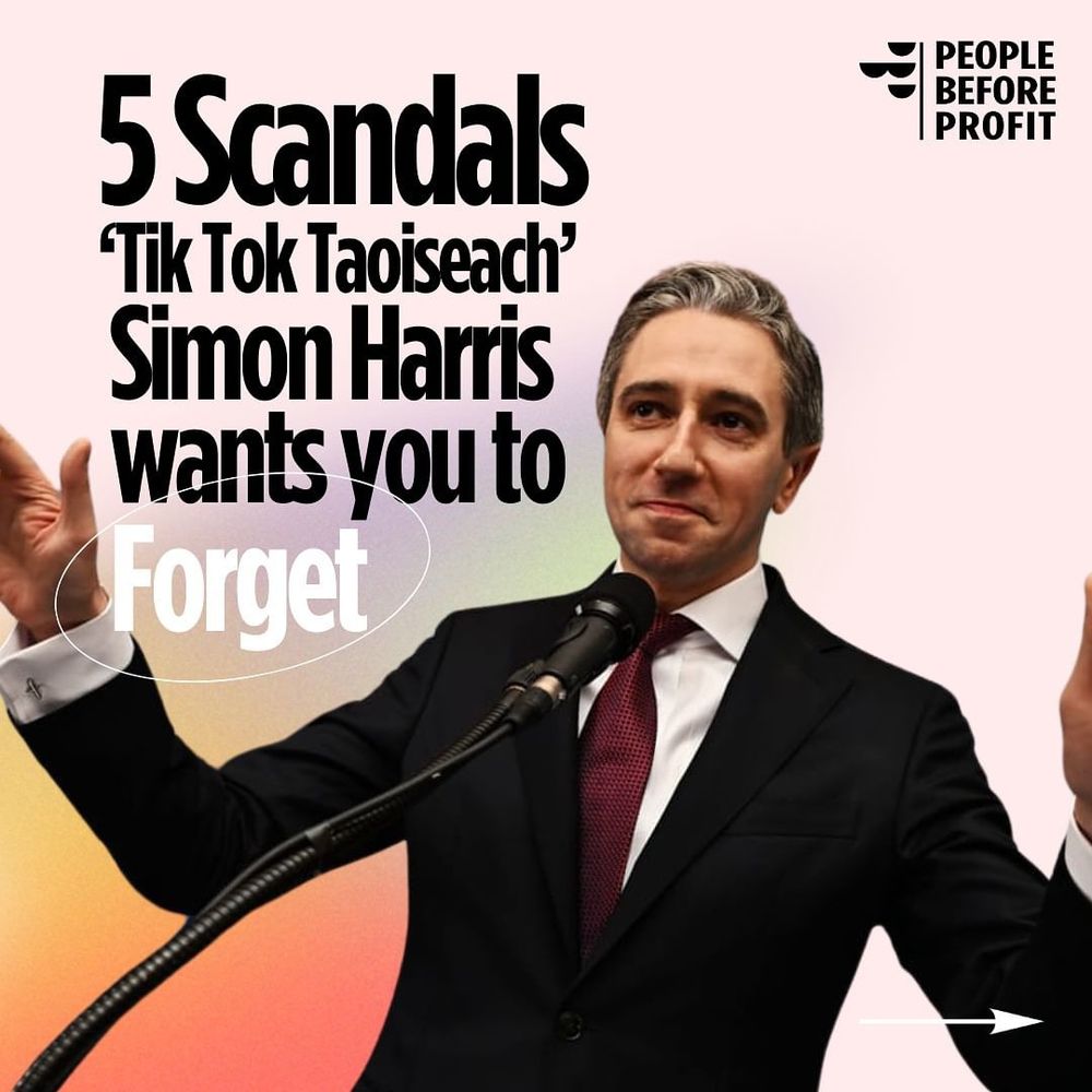 Image of Simon Harris with the text "5 Scandals 'Tik Tok Taoiseach' Simon Harris wants you to forget"