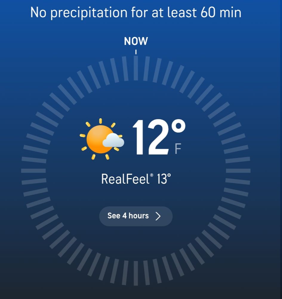 Image of Accuweather's main page that reads 12° and below that "RealFeel 13°"