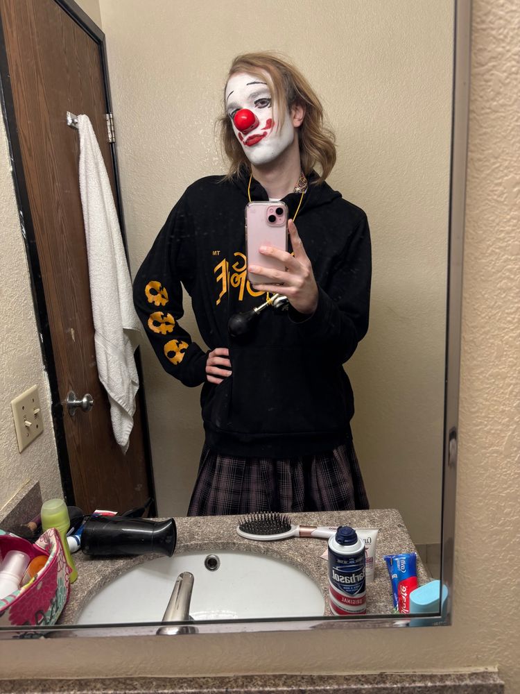Me in clown in my sweatshirt at the end of the day