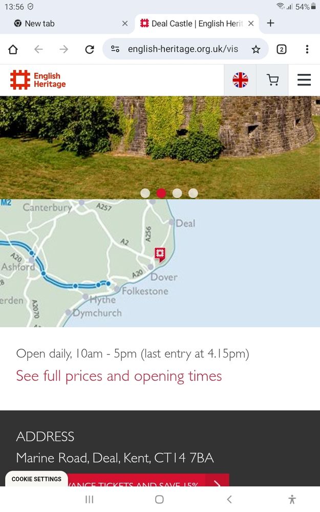 Screen grab of English Heritage page for Deal Castle showing its Kent address and map location.