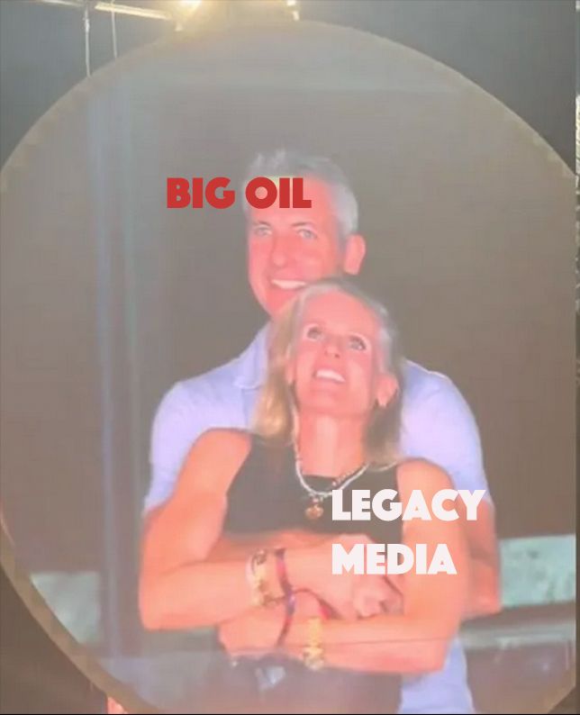 Jumbotron affair meme with text "Big Oil" on man and "Legacy Media" on woman.