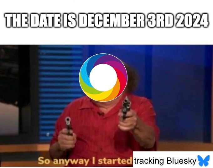 Devito meme where he's shooting and saying "So anyway I started Blasting". Image modified to haver the Altmetric badge in front of Devito's head, and the caption now reads "So anyway I started Tracking Bluesky". The date is given as the 3rd December 2024