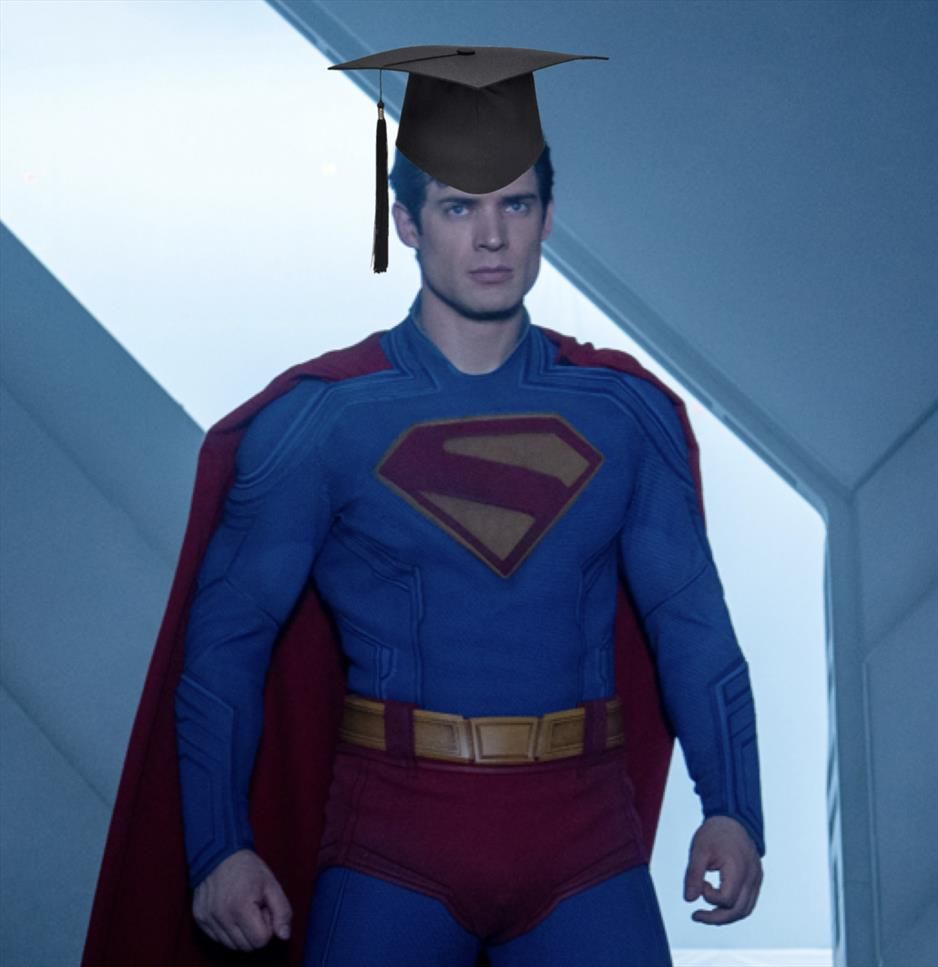 Superman from 2025 but with a mortar board on his head.