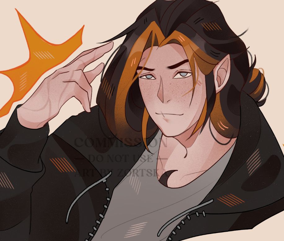 Fionntán is shown from the shoulders up with a calm, confident expression, raising one hand to his temple. His orange-streaked hair and hoodie are detailed, and his light freckles are visible.

