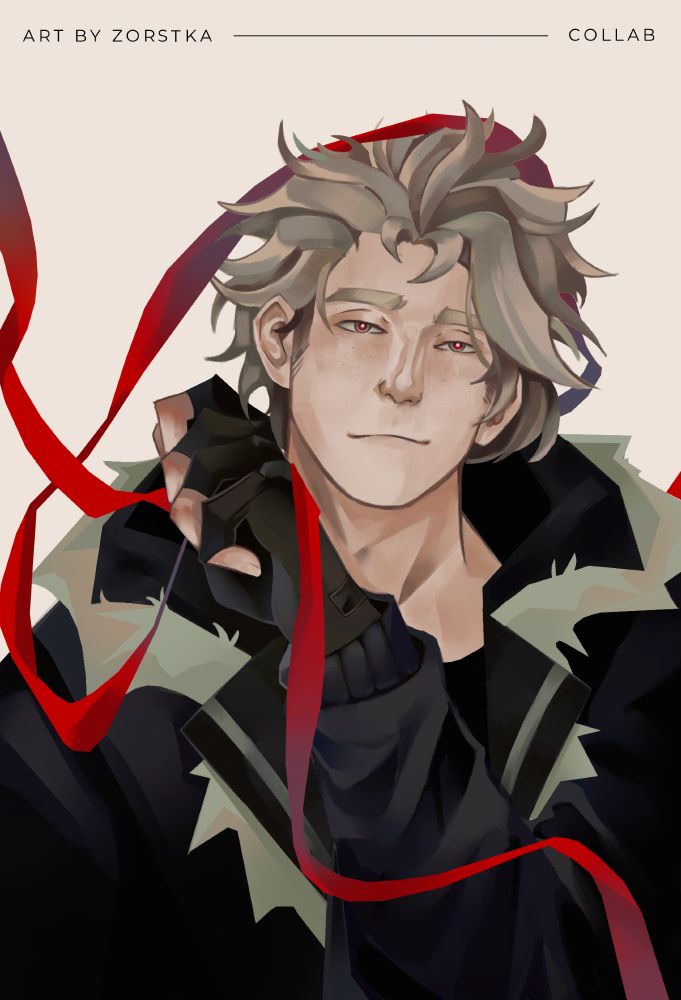 Digital portrait of a confident, silver-haired young man with tousled hair and red eyes, wearing a black coat with light fur trim and fingerless gloves. He has a slight smirk and is reaching toward the viewer. Flowing red ribbons swirl around him against a soft beige background. The top of the image reads “ART BY ZORSTKA – COLLAB” in simple, elegant font.