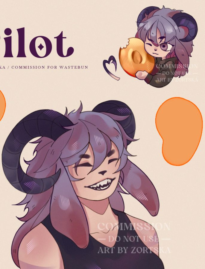 Pilot smiles widely, showing sharp teeth and closed eyes, looking cheerful. They wear a black sleeveless top, their hair flowing around their horns.

A small, chibi-style drawing of Pilot hugging a giant piece of candy with a happy expression, a little heart tail floating beside them.